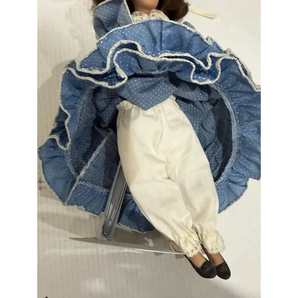 Vintage Porcelain Doll Blue Polka Dot Lace Dress Straw Hat Brunette Display